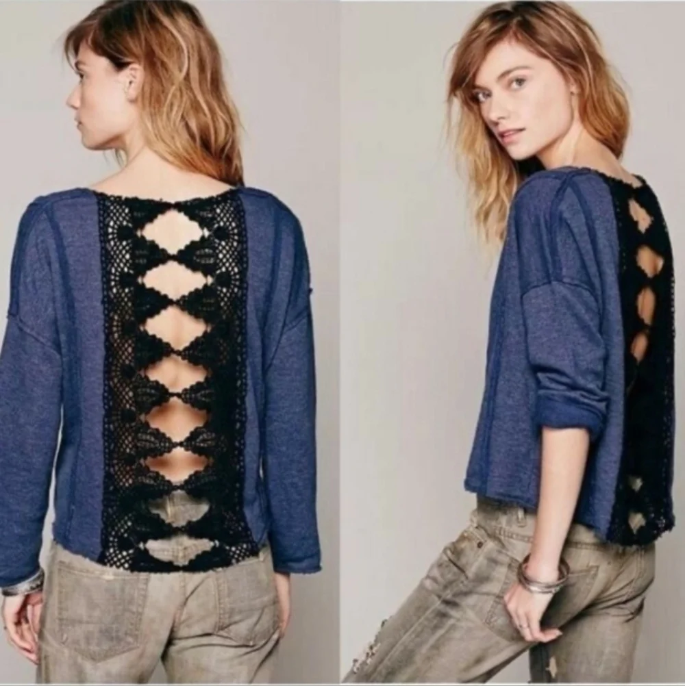 Free People Victorian Lace Crochet Long Sleeve Sweater